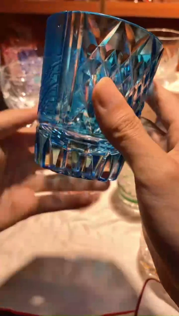 水晶玻璃吸管款蓝色富士山白点