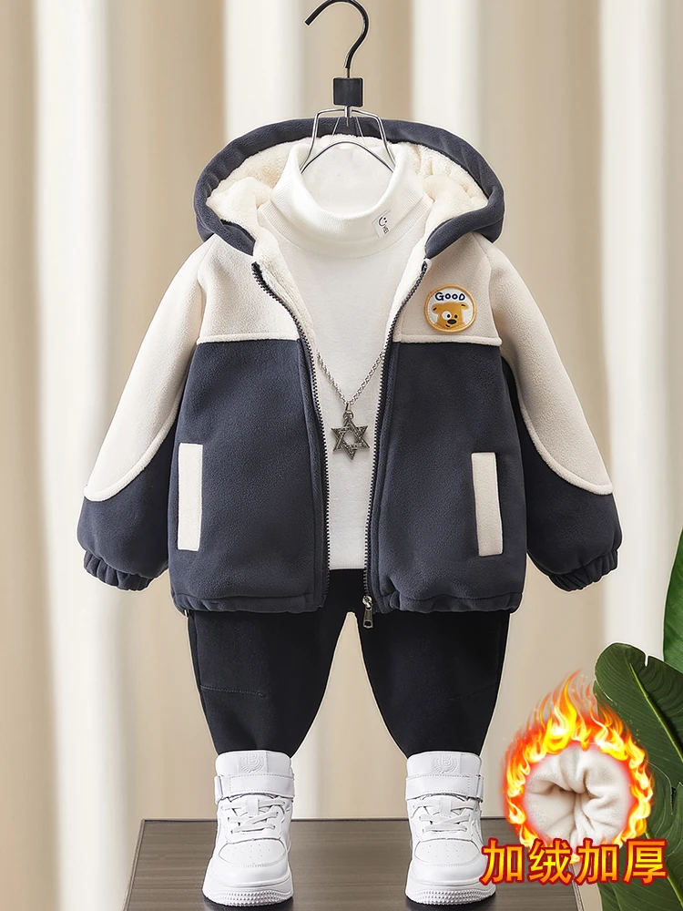 男童摇粒绒外套秋冬2025新款儿童冬季加绒加厚宝宝奥粒绒连帽棉衣