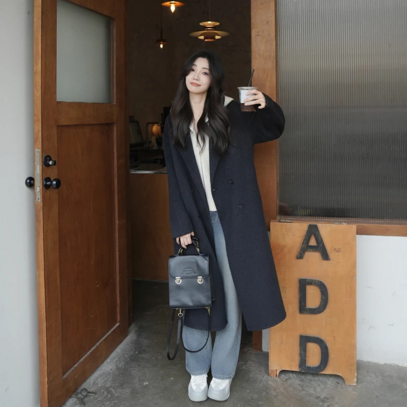 双面毛呢羊毛大衣中长款慵懒新款百搭显瘦宽松女装毛呢外套