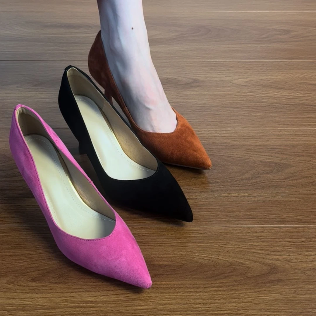 7.5CM羊反皮高跟鞋女设计感小众气质尖头细跟单鞋春夏配裙子百搭