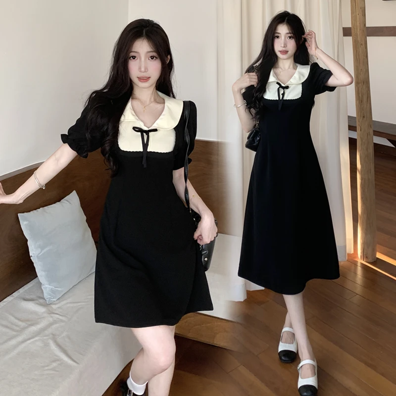 【6082】法式甜美夏季新款微胖mm显瘦杏色拼接泡泡袖连衣裙女