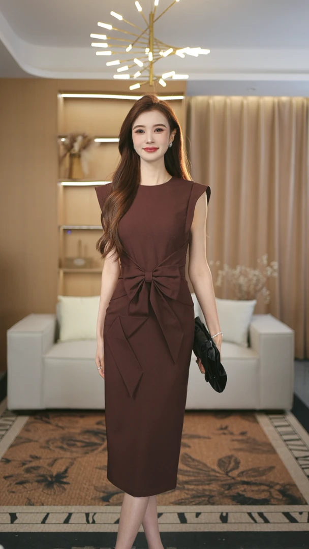 罗曼定制 高定原创蝴蝶结收腰优雅显瘦通勤中长款连衣裙女