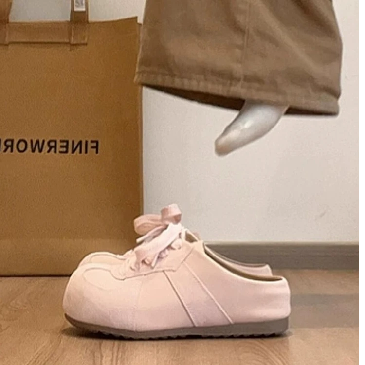 丑萌大头鞋一脚蹬包头内增高德训鞋女2025春季新款系带包头半拖鞋