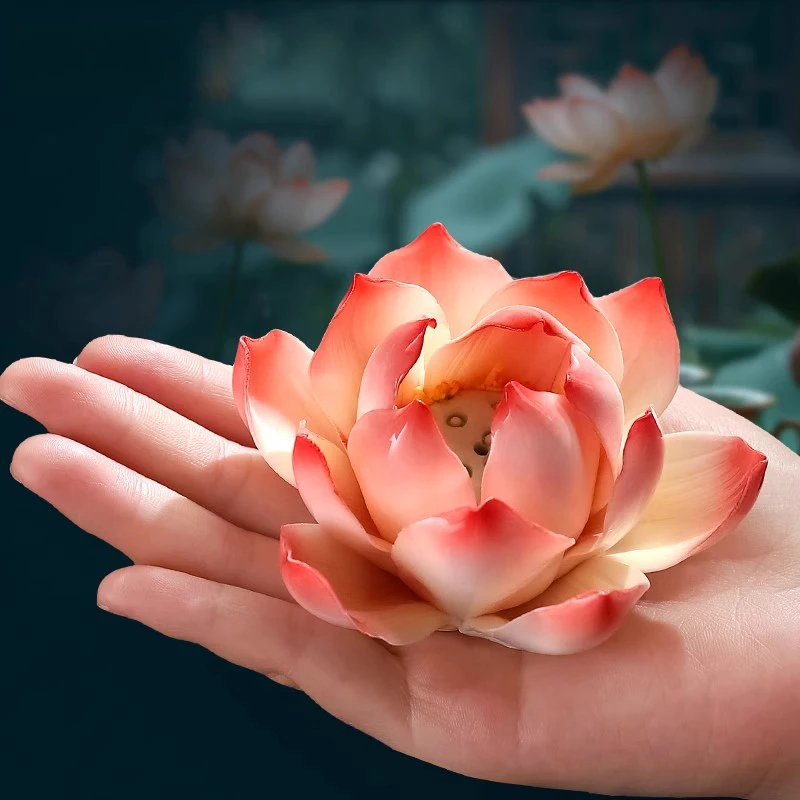 釉下彩陶瓷莲花摆件中式禅意茶室茶桌装饰工艺品客厅荷花香插香炉