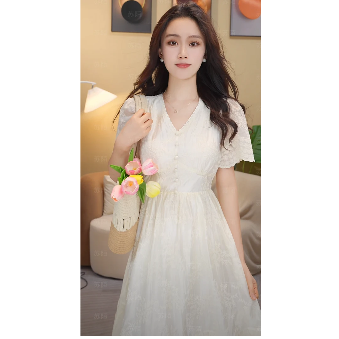 苏陌天丝气质连衣裙女爆款2025新款夏季法式裙子高级感甜美仙女裙