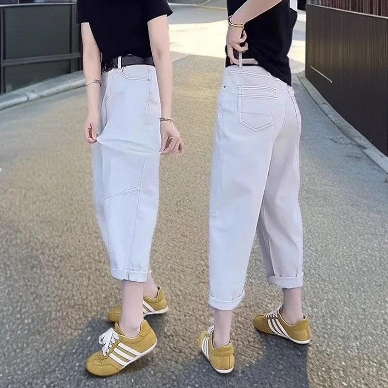 2025夏季新款弹力薄牛仔裤女老爹裤显瘦萝卜裤大码小脚九分哈伦裤