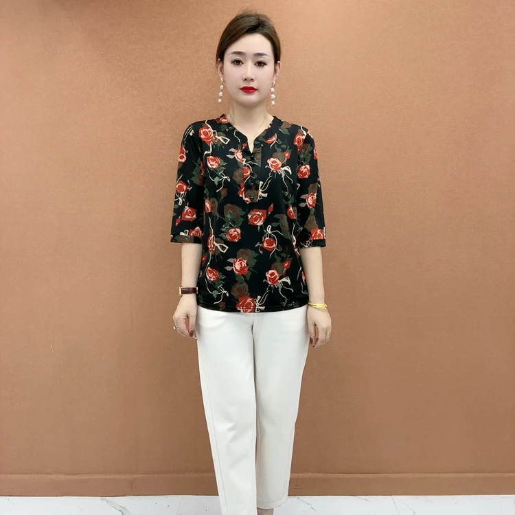 衬衣七分袖时尚初秋妈妈装遮肚印花衫女装中老年女装