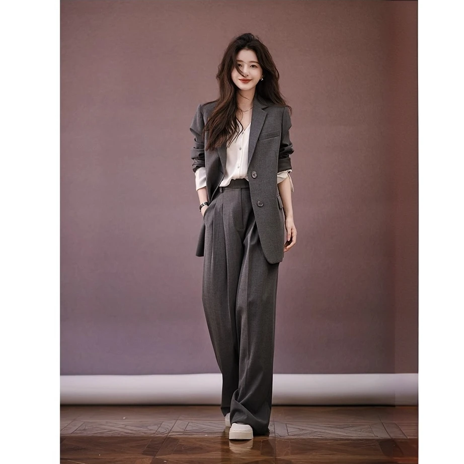 大码高级感西装套装女2025胖mm韩版气质显瘦灰色西装阔腿裤两件套