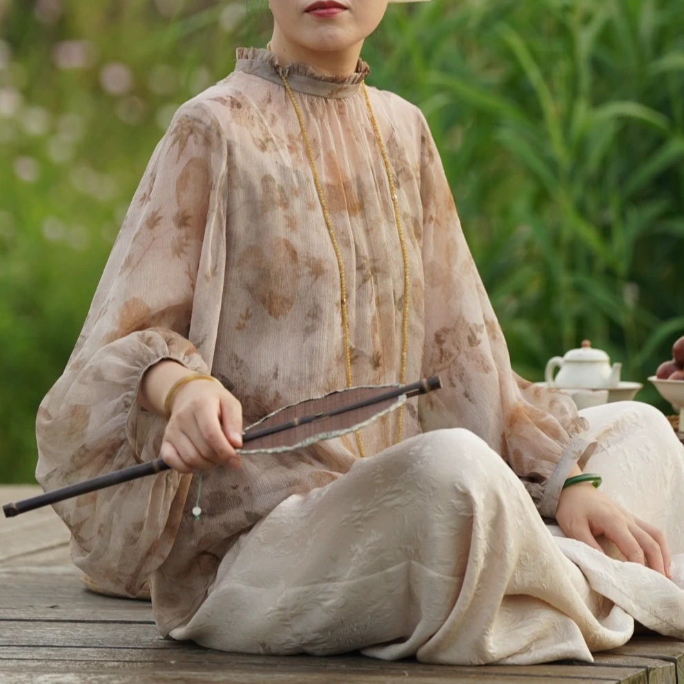 石喃原创设计新中式灯笼宽松真丝罩衫