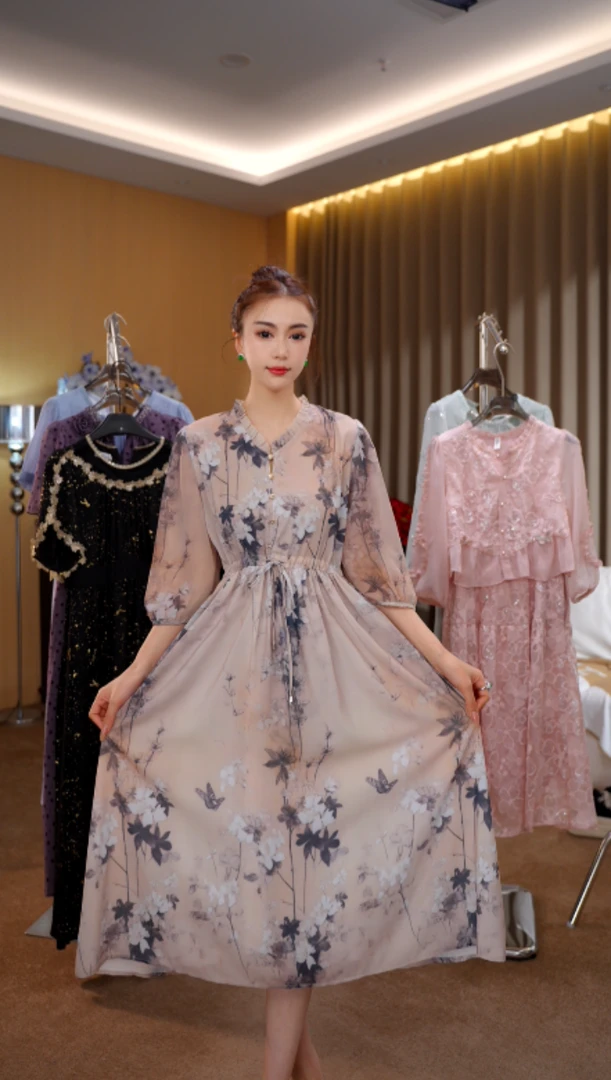 ZC8013 夏季新款宽松连衣裙印花气质时尚收腰中长款女装连衣裙