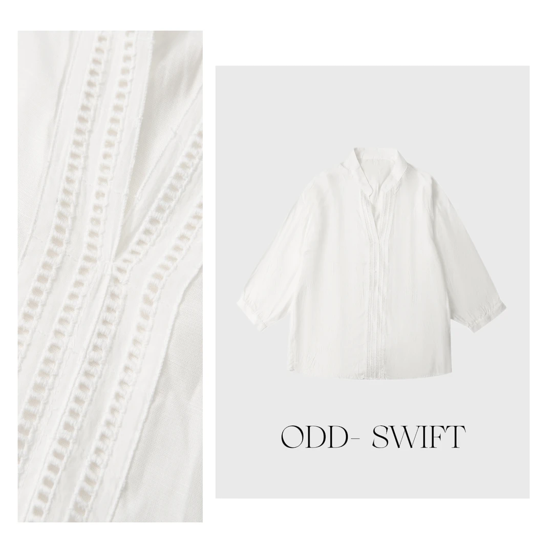 ODD-SWIFT镂空七分袖V领夏季莱赛尔衬衫复古长袖罩衣-ODD258508