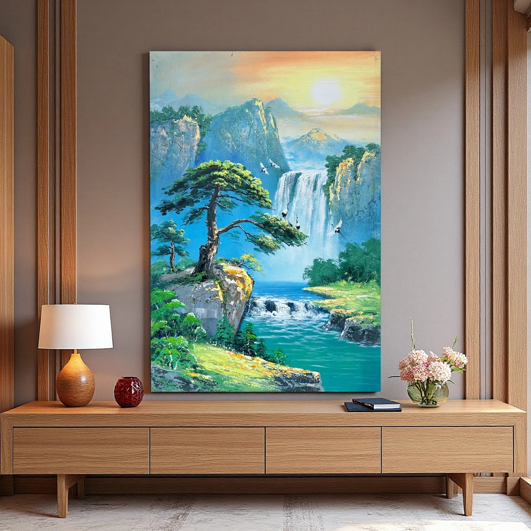 旭日东升仙鹤青松瀑布手绘厚油山水中式入户玄关沙发长寿招财挂画