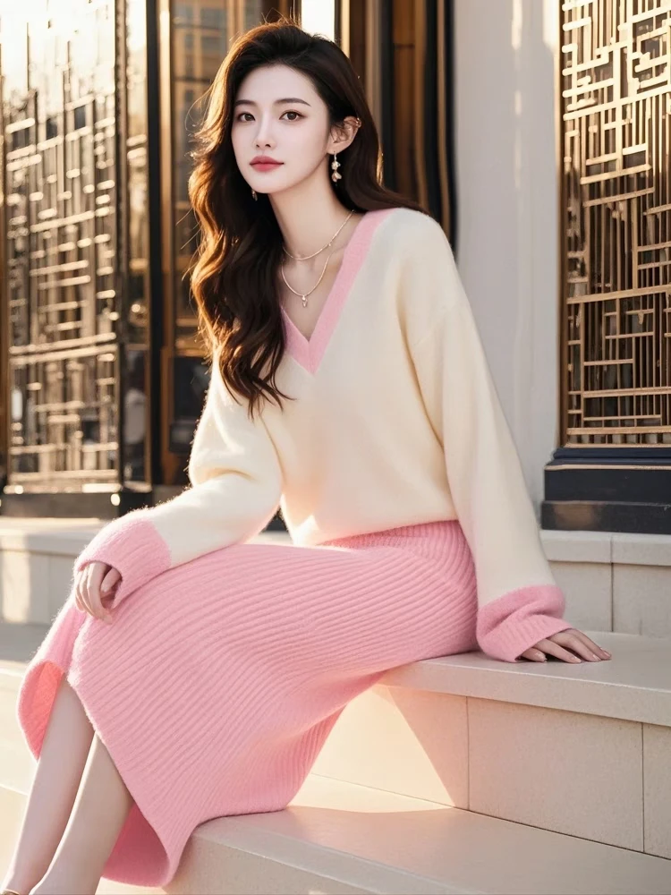 秋季时尚粉白撞色小香风针织毛衣慵懒高级感套装裙子女装2025新款