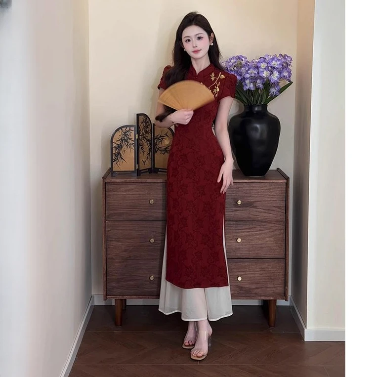 新中式假两件改良复古旗袍2025夏新款撞色刺绣气质修身显瘦连衣裙