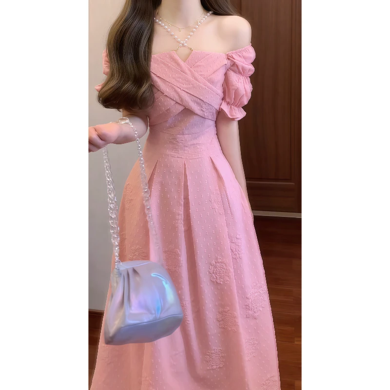 法式温柔风一字肩方领两穿珍珠挂脖连衣裙泡泡袖修身礼服长裙9239