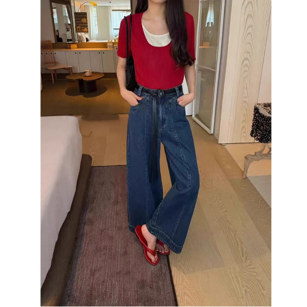 洋气蓝色牛仔休闲中线阔腿牛仔裤女2025早秋韩版显瘦九分直筒裤潮