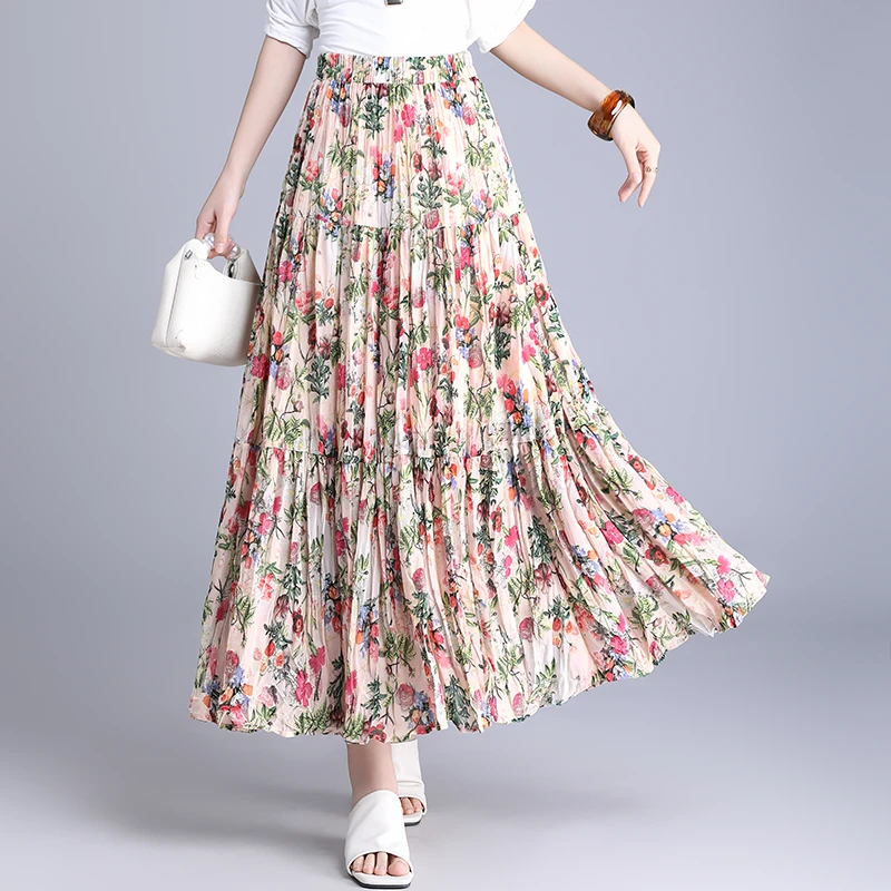 2025夏季新款褶皱雪纺碎花裙半身裙女松紧腰显瘦a字长裙大摆裙子
