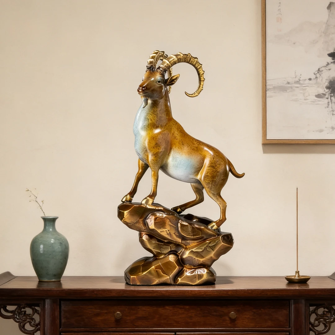 黄铜烧色领头羊摆件客厅书房办公室装饰品生肖羊吉祥物送领导