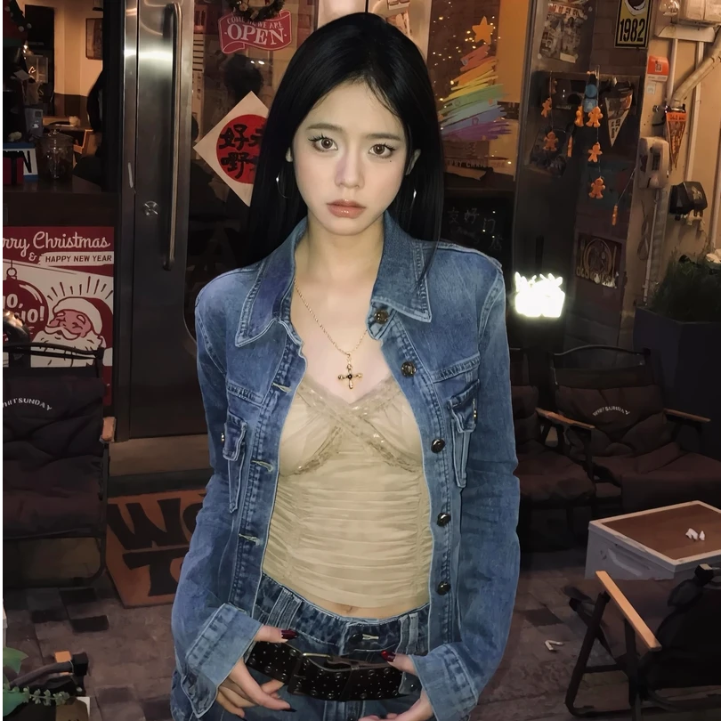 【V3鹿鹿】春季复古韩系辣妹牛仔外套女低腰牛仔裤套装 SE1068