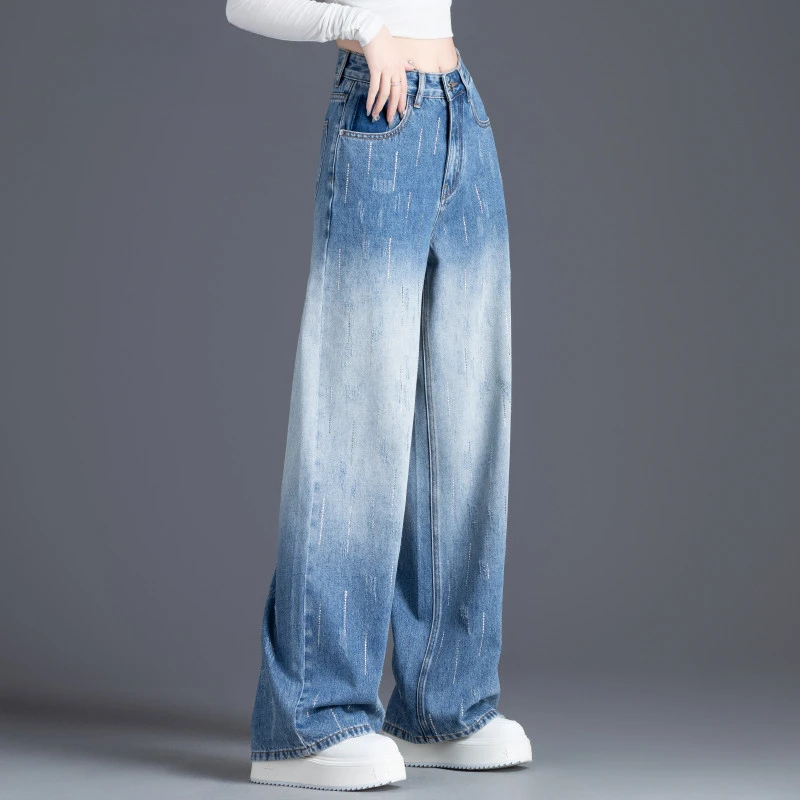 美式烫钻设计感阔腿牛仔裤女2025新款秋季薄款高腰宽松显瘦直筒裤