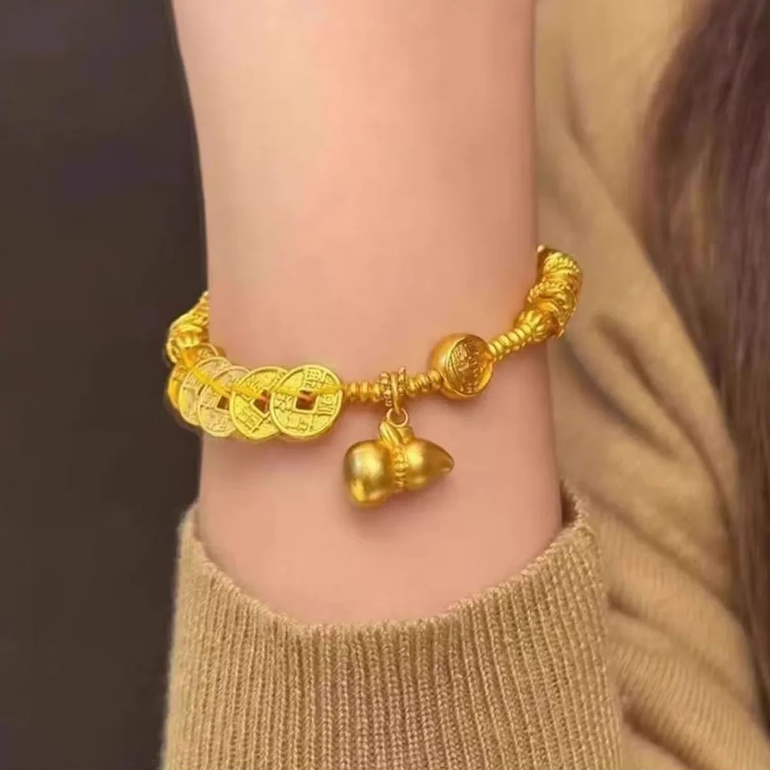 铜合金手链 铜合金手链新中式金色五帝钱拉丝葫芦福禄盘缠手串