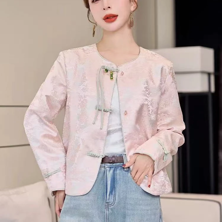新中式提花圆领短款外套女2025春季轻国风高级感改良盘扣唐装上衣