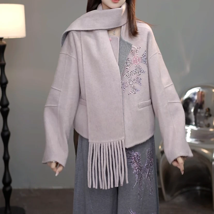 TCH下架秋冬慵懒风烫钻时尚淑女百搭紫色外套T75D27E1005轻奢tch