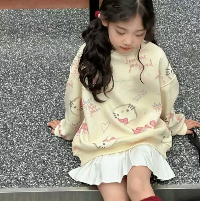 W8 女童儿童冬季加绒加厚圆领卫衣套头衫上衣卡通KT长袖