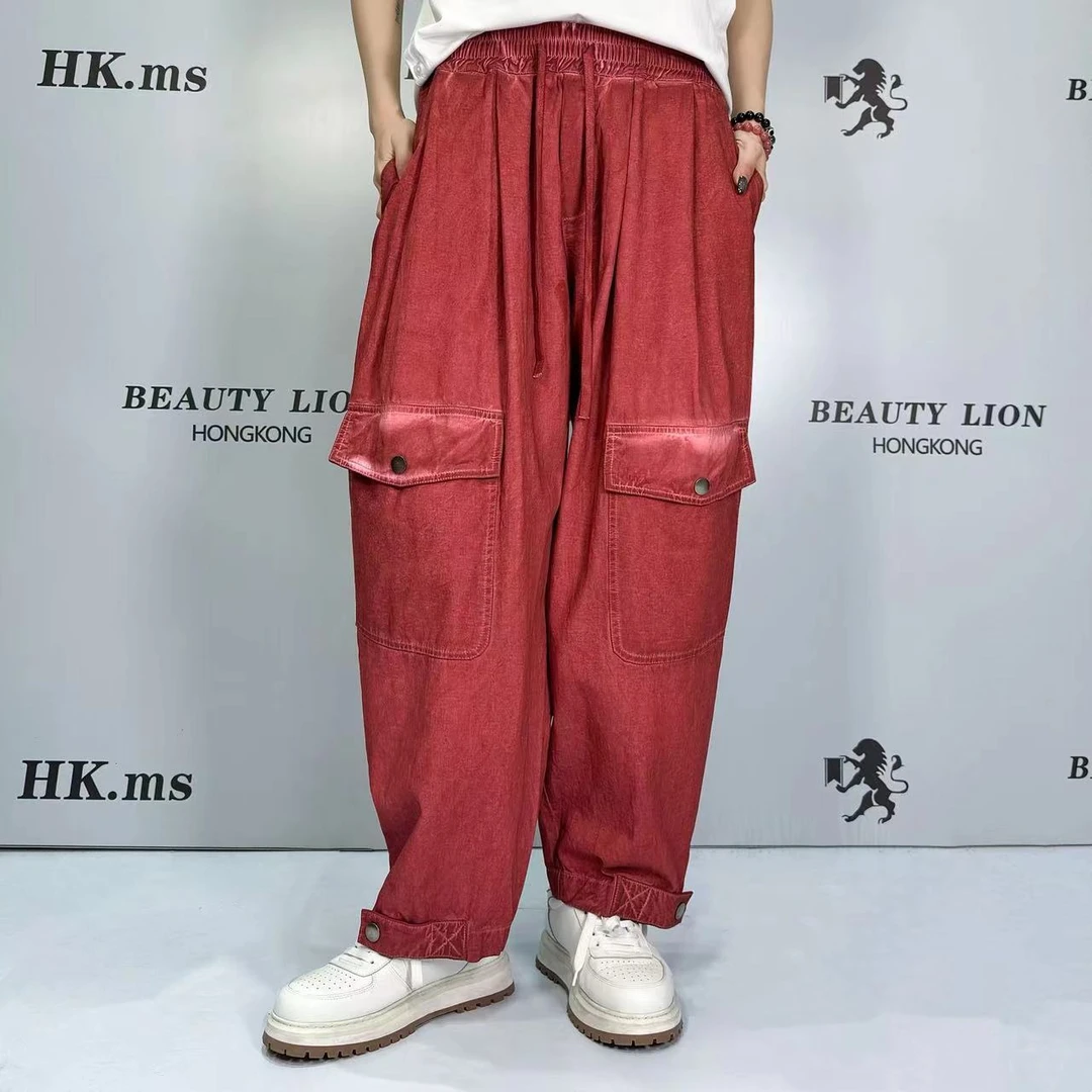 2025H·K美狮潮牌复古做旧宽松阔腿收脚工装吊染休闲裤