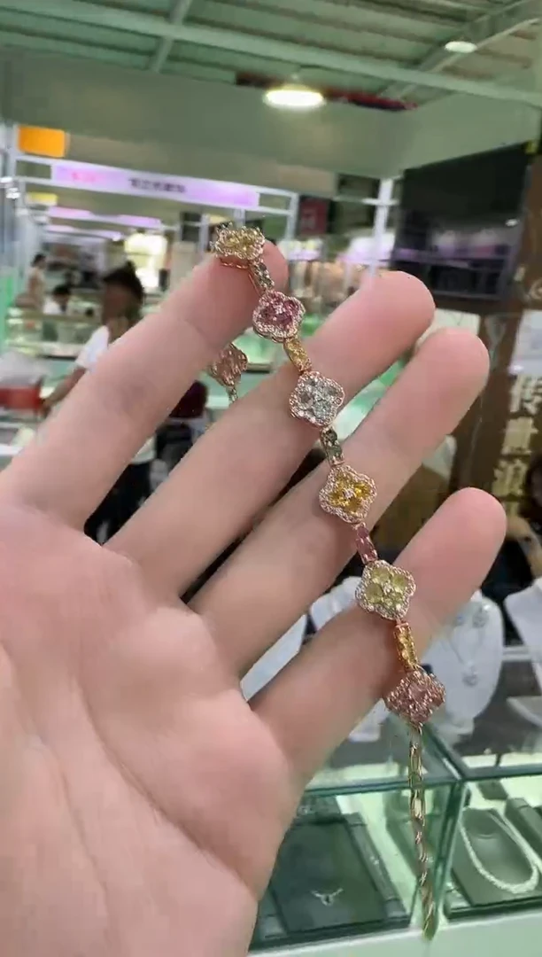 银S925镶嵌手链碧玺四叶花设计款