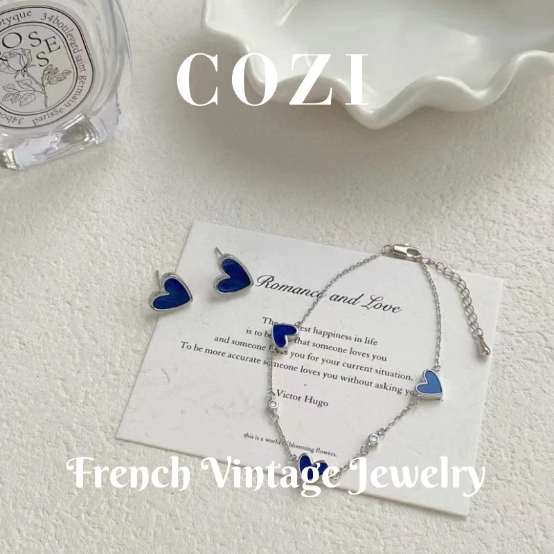 COZI 铜合金手链 蔻姿气质百搭时尚蓝色爱心简约设计感拼接手链