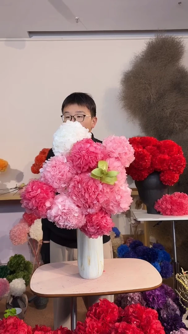 漂色永生大叶绣球花球10枝+进口橘叶1枝—深粉4/浅粉5/白1
