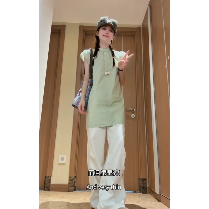 时尚穿搭女士夏季圆领正肩排扣显瘦百搭小众连衣裙阔腿休闲弯刀裤