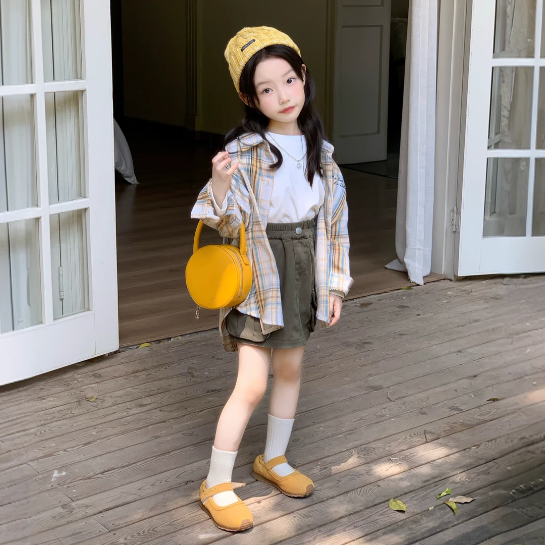 2025秋季款韩系女童卡通印花格子休闲衬衫女宝洋气军绿工装半身裙