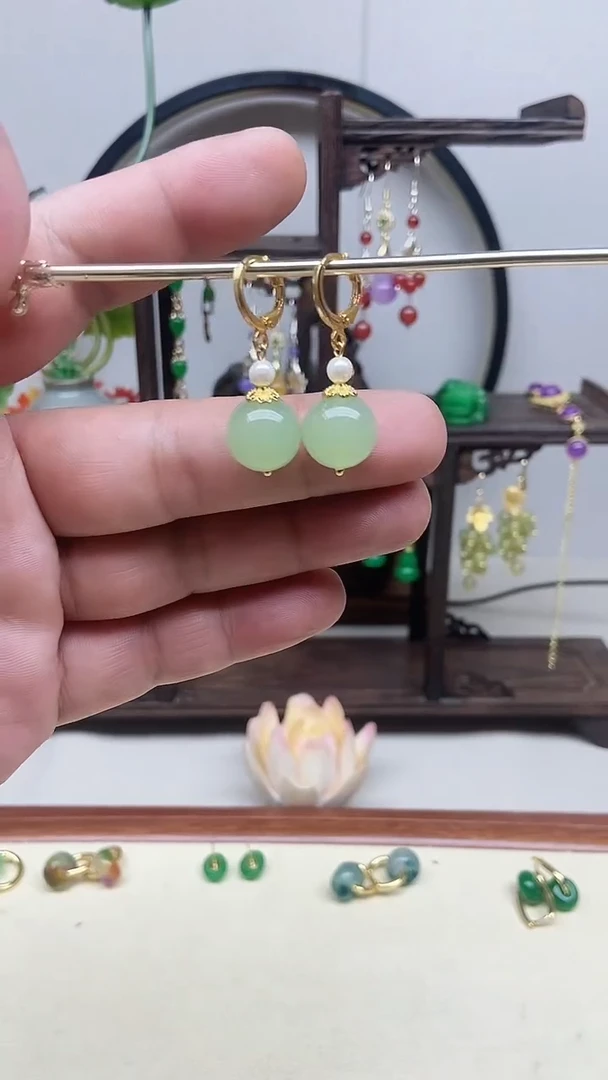 和田玉14K金镶嵌耳饰83号