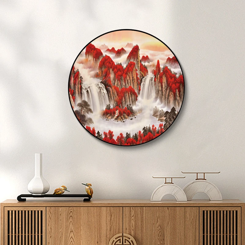 Y019中式鸿运当头挂画圆形玄关客厅背景墙山水风景晶瓷镶钻装饰画
