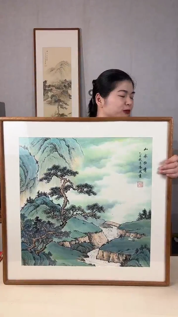 国画手绘*山水怡情*62*62cm实木框
