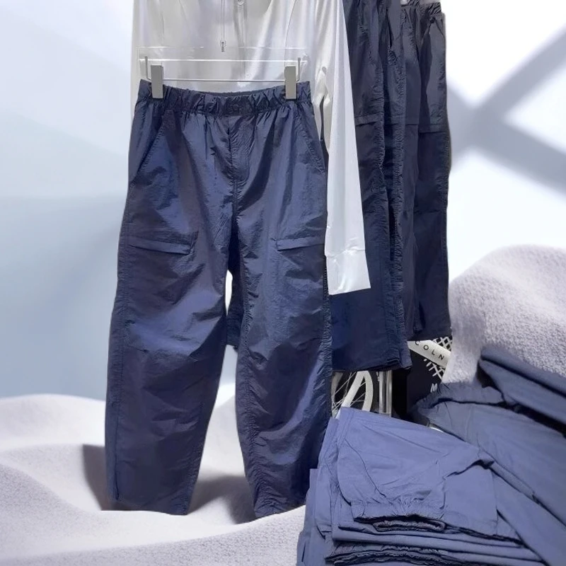 藏青色速干休闲裤女夏季薄款大码梨形身材宽松显瘦松紧高腰工装裤