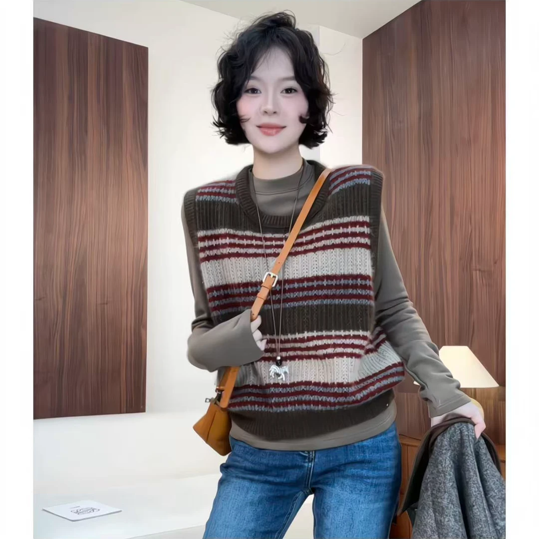 欧尼私服【撞色条纹坎肩】2025秋冬新款百搭针织马甲 2511C8465