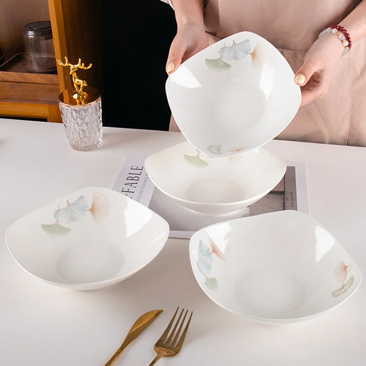 【6个装】新款银杏叶四方翘脚碗厨房家用陶瓷沙拉碗凉菜盘加深汤碗