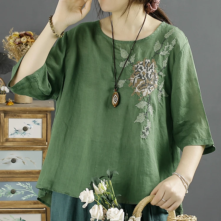 【 现货+清仓】文艺绣花刺绣棉麻大码夏季短袖宽松圆领显瘦上衣