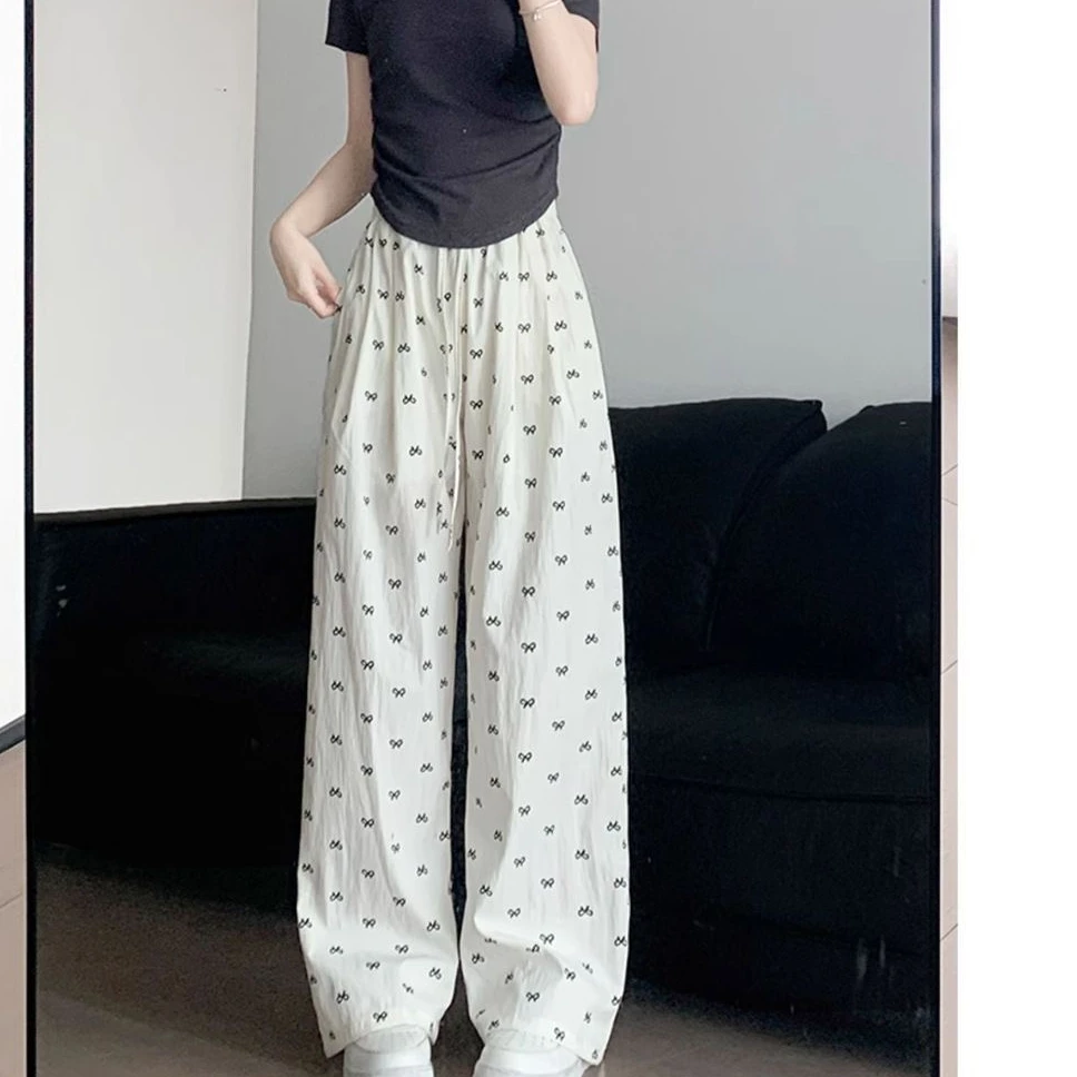 高腰夏季直筒裤纯色蝴蝶结休闲裤小个子复古直筒长裤时尚