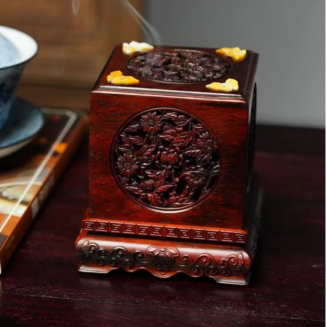 【木虫臻品】奢侈品老挝大红酸枝镶嵌百宝梅兰竹菊盘香盒高端熏香炉