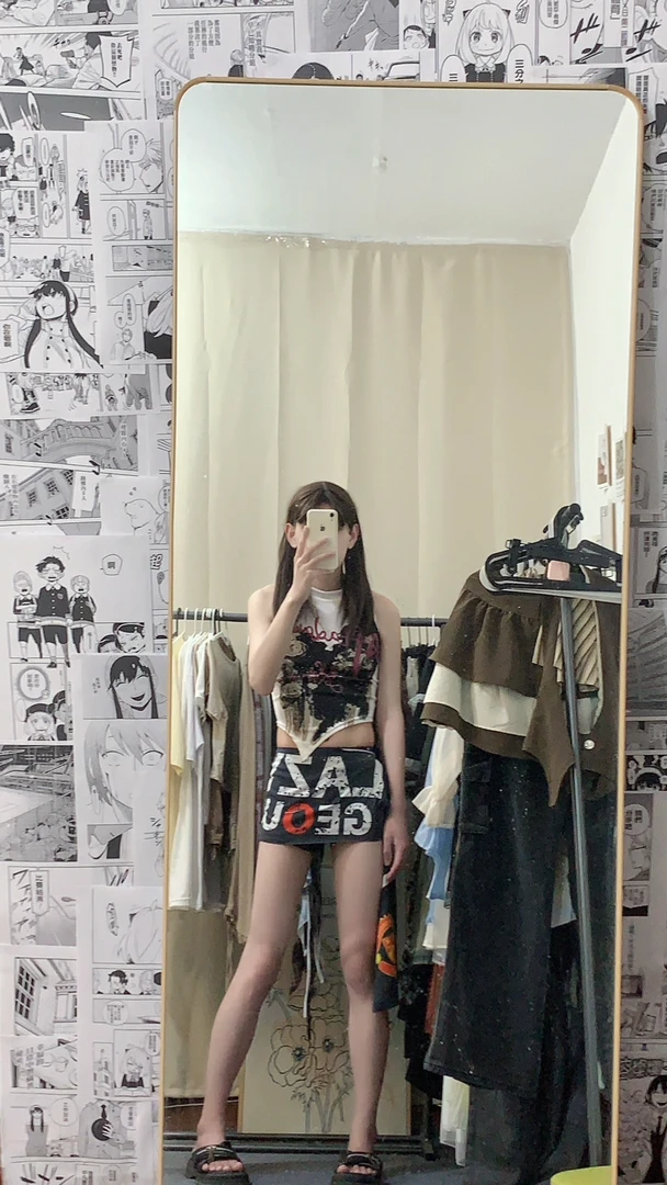 美式辣妹设计感印花飘带短裤裙裤女夏季新款泽西风假两件热裤裤子