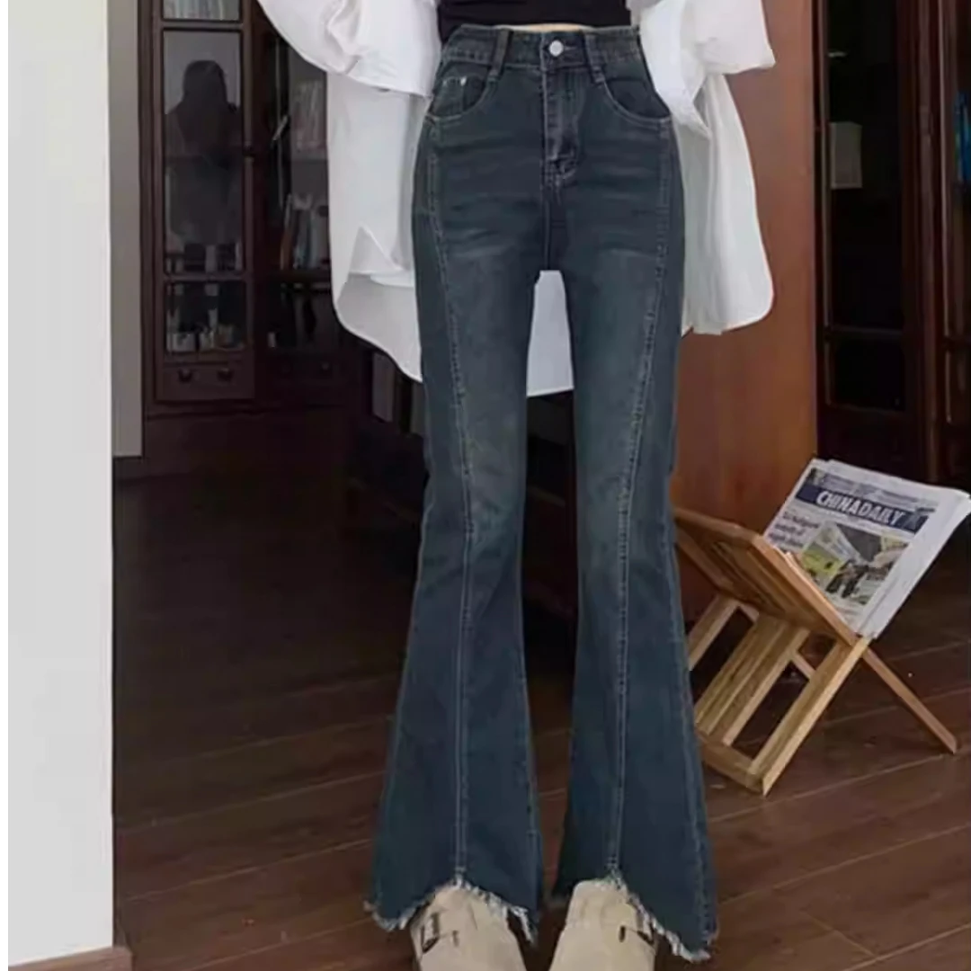 高腰微喇牛仔裤女2025春季新款毛边设计感胖mm窄版修身显瘦喇叭裤