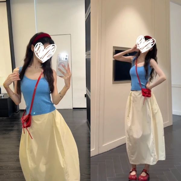 2025气质韩系蓝色背心外穿吊带女夏季设计感高腰宽松半身裙套装