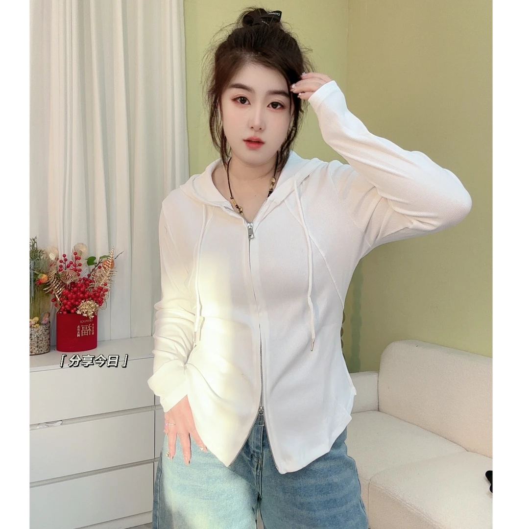 大码女装设计感双拉链连帽卫衣外套早春2025新款胖mm遮肚开衫上衣