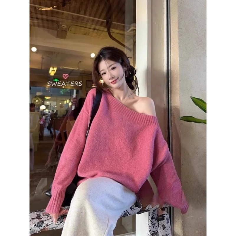 韩系慵懒风露肩套头毛衣女2025秋季新款宽松加厚长袖针织衫上衣潮