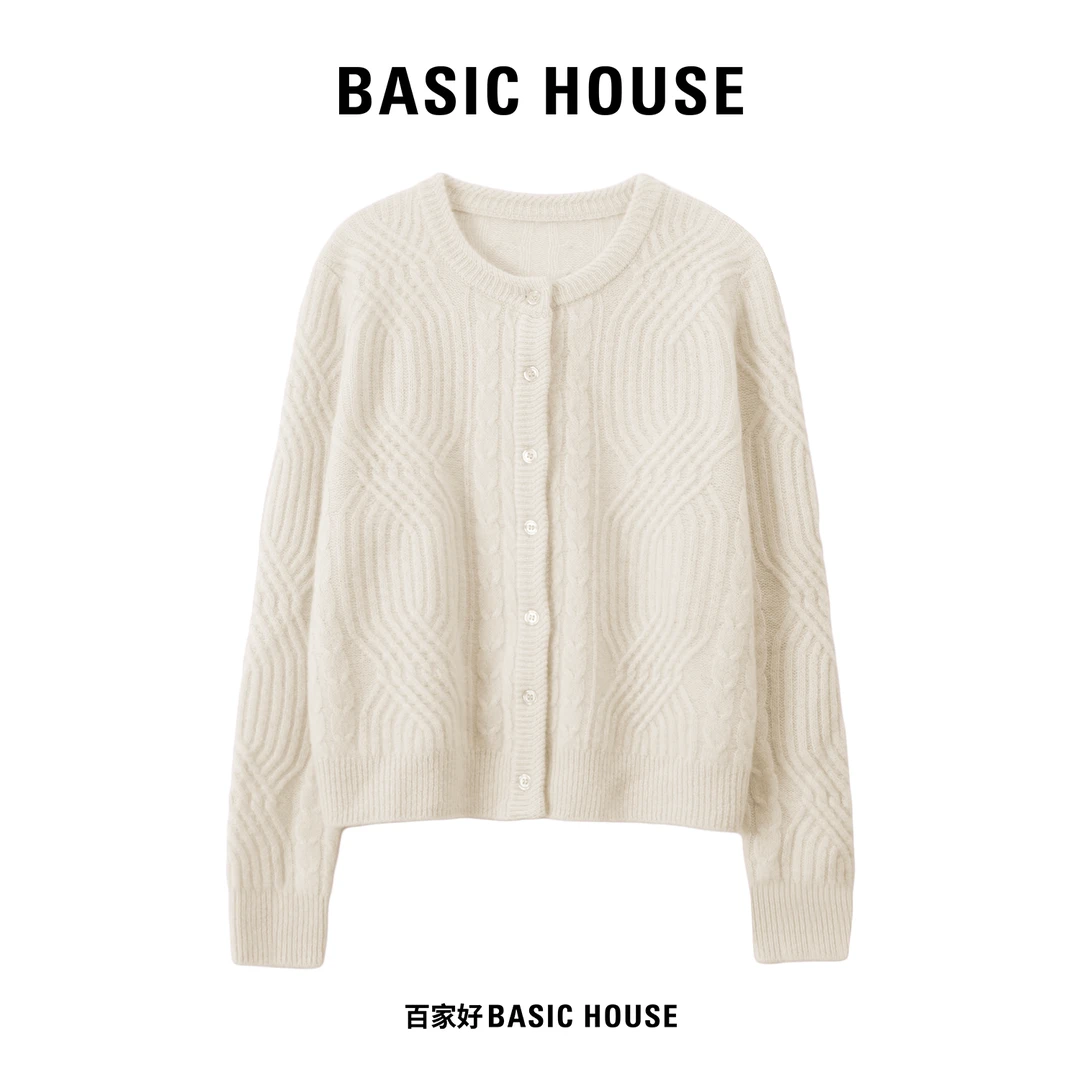 Basic House/百家好2025新款绞花加厚圆领小香风针织衫Q982 MM