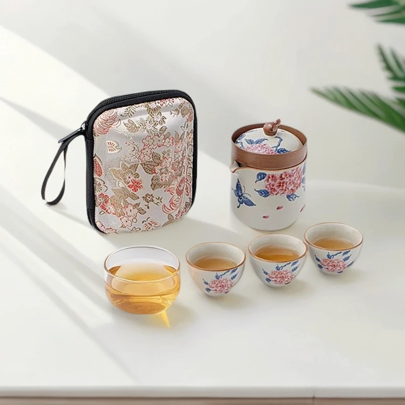 汝窑绣球花旅行茶具女士便携式快客杯茶壶旅游户外泡茶装备小套装